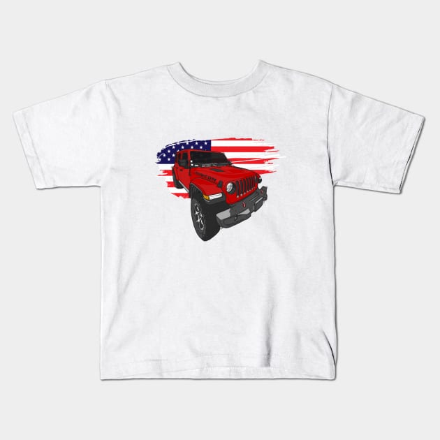 Jeep Wrangler with American Flag - Red Kids T-Shirt by 4x4 Sketch
